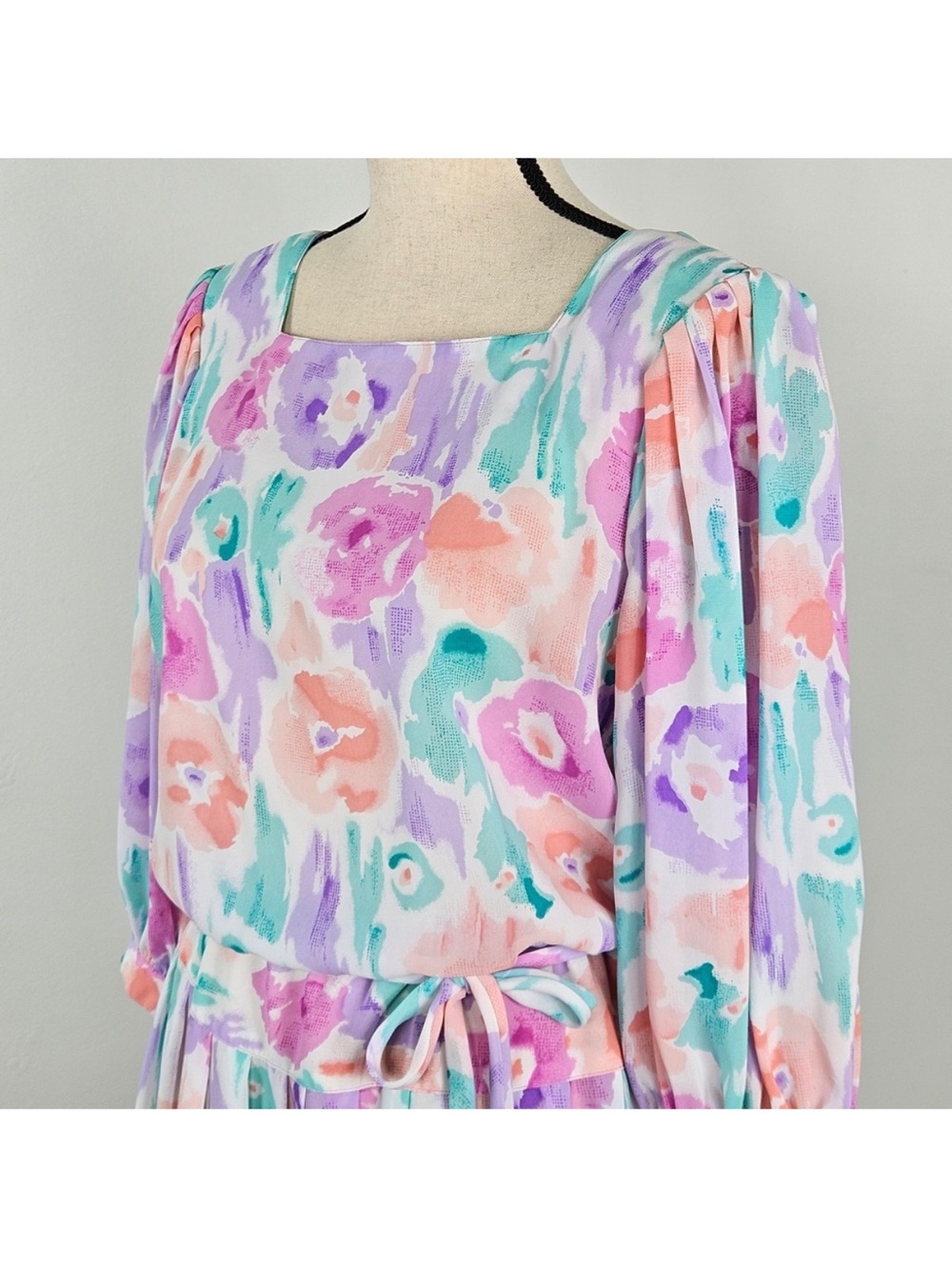 Willi of California Womens Floral Watercolor Midi Dress Belted 10 Vintage 80s - Picture 6 of 12